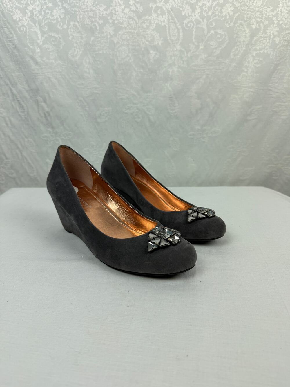 BCBG Max Azria Black Suede Embellished Wedge Pumps Women's Size 8